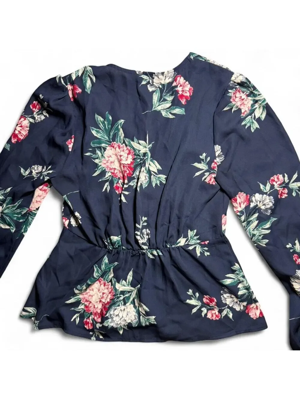 Banana Republic Blue Floral Puff Sleeve V-neck Workwear Cinched Blouse Size XS